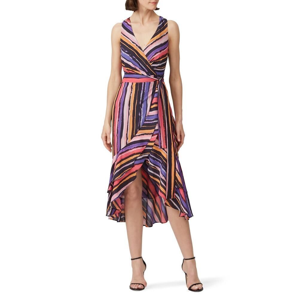 Great Jones Midi Dress Women's Medium Black Pink Vibrant Orchid Wrap V-Neck RTR